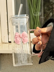 1pc (350ml/11.83oz) Square Bow Tied Glass Cup With Handle, Clear Handle Pumpkin Cup, Classic Mug, Tea Cup, Juice Cup, Coffee Cup, Milk Cup, Water Cup, Fruit Cup, Soup Cup, Suitable For Kitchen, Dining Room, Party, Halloween, Outdoor Party