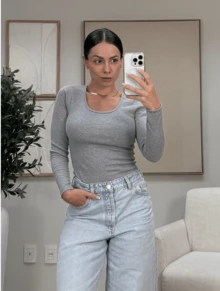 Kit Of 2 Premium Long Sleeve Ribbed Blouses: Elegance And Comfort For Women - 2 Xám - Xem 3