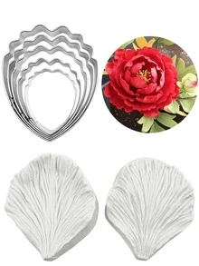 7pcs Stainless Steel Peony Petal Cutter Mold, Rose Fondant Mold, Silicone Petal Pressing Mold, Baking Tool Set