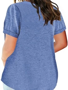 Plus Size Women's Summer Comfortable New Top Solid Color V-Neck Short Sleeved Pocket Loose T-Shirt - 藍色 - 查看 3