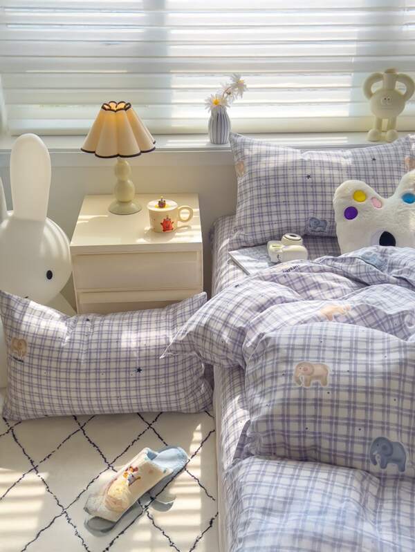 Juego de ropa de cama de 4 piezas con estampado minimalista, que incluye funda de edredón, sábana, fundas de almohada. Adecuado para dormitorio, dormitorio, oficina. Hecho de tela de lana vegetal, suave y transpirable para todas las estaciones. Lavable a máquina. (1 funda de edredón, 1 sábana, 2 fundas de almohada, sin edredón ni relleno de almohada)