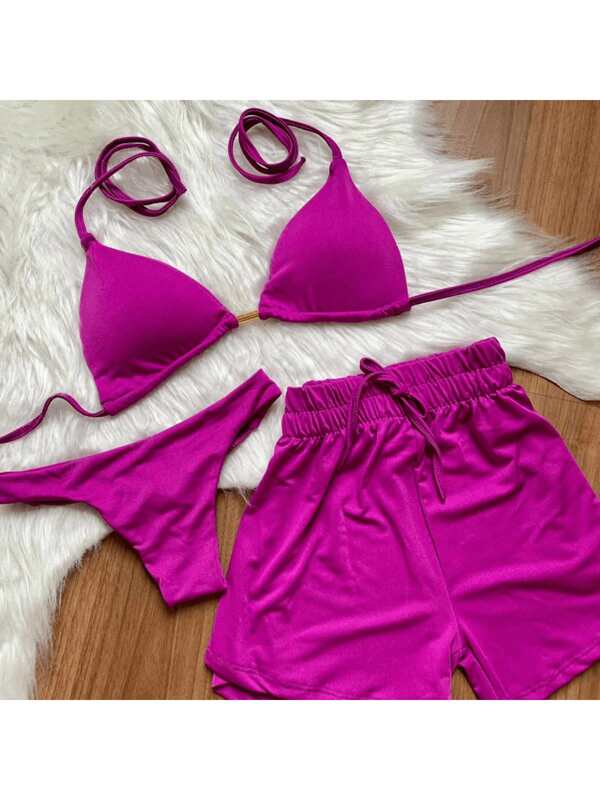 Conjunto 3 Peças Sutiã, Calcinha e Short, Florido, Conjunto Feminino, Roupa De Banho, Estampas De Onça, Olho Grego, Florido