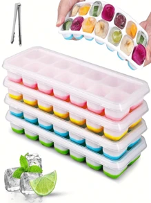 1/5Pcs Silicone Ice Cube Molds With Stainless Steel Ice Clip, Easy Release And Flexible, 14 Cavities 4 Mixed Colors With Spill-Proof Removable Lids, Stackable With Lid, Kitchen Accessories, Small Kitchen Utensils