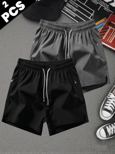 2pcs Men's Drawstring Waist Sports Shorts With Zipper Pockets