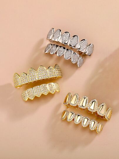 مجموعة 2 قطعة غطاء أسنان نابض نحاسي مرصع بالراين ماس، طراز هيب هوب سادة ب- 6 أسنان، مناسب للرجال والنساء ،للارتداء اليومي وكهدية للصيف