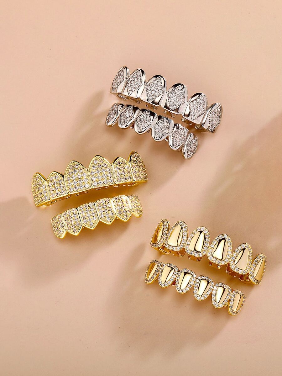 2pcs Copper Rhinestone Diamond Shape Grillz Set, Hiphop Style Plain 6-Teeth Grill Suitable For Men And Women, Daily Wear And Summer Gift - Multicolor - View 1