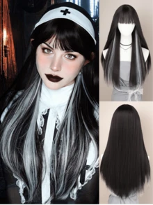 Synthetic Long Straight With Bangs Black & White Ombre Wig, Suitable For Women For Daily Use, Cosplay, Halloween, Christmas - 挑染白色 - 查看 12