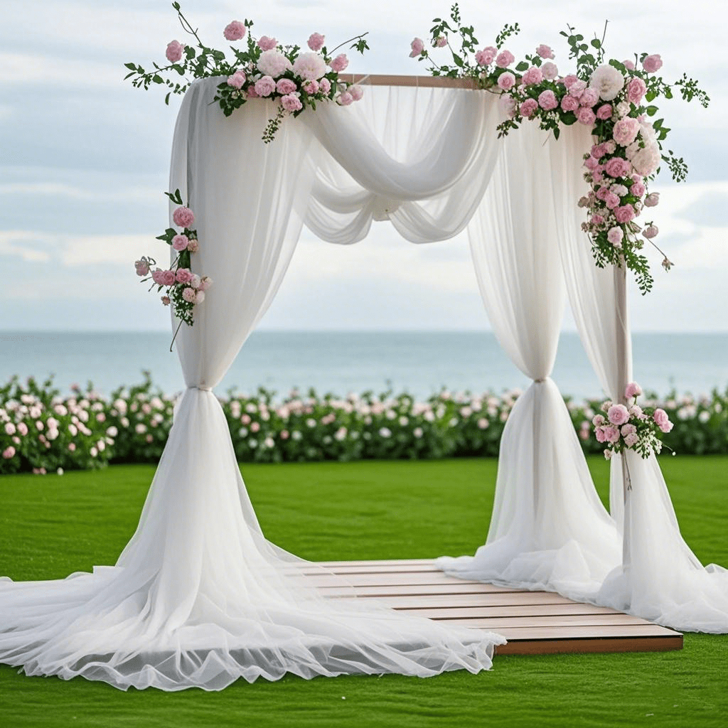 1 pezzo Elegante tendina in voile bianca trasparente, tessuto in chiffon di 8m per decorazione di arco nuziale, cerimonia, festa di compleanno, decorazione da parete