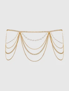 1pc Multi-Layer Pearl Chain Waist Chain, Suitable For Women's Daily Wear - Gold - View 3