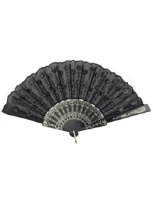 1pc Elegantly Embroidered Sequin Fabric Folding Hand Fan - Multicolor - View 4