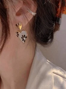 1 paire de boucles d'oreilles à goutte d'huile à motif cœur en noir et blanc, convenant aux femmes pour un port quotidien et professionnel toute l'année