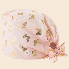 1pc Premium Polyester Material Butterfly Print Thermal Transfer Gold Design Scrub Cap, Anti-Bacterial And Dust-Proof, Elastic Back, Side Mask Hanging Buckle, Suitable For Doctors, Nurses, And All Hospital, Beauty Salon, And Veterinary Clinic Workers