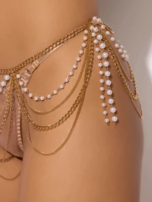 1pc Multi-Layer Pearl Chain Waist Chain, Suitable For Women's Daily Wear - Gold - View 2