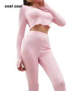 2 pezzi Nuovo set pigiama donna primaverile ed estivo, con top a maniche corte e pantaloni lunghi, in tinta unita elegante, decorato con pizzo floreale, ideale per il tempo libero e la notte