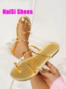 Women Flat Slip-On Gold Flat Sandals, Open Toe Slip-On Roman Sandals, Casual Elastic Band Indoor/Outdoor Beach Slippers, Gold/Silver/Black, Suitable For All Seasons - Gold - View 8