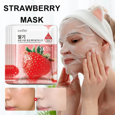 草莓面膜（1/3/5/10片装），保湿、修复晒后肌肤、提亮肤色、护肤、增强肌肤弹性、面部护理、修复熬夜后肌肤。可作为圣诞节、新年、约会或节日礼物。