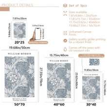 3 件/套 William Morris 植物帆布墙饰 - 优雅的蓝色花朵和叶子墙饰，带或不带框架 - 现代经典风格，适用于客厅、卧室、厨房、家庭办公室 - 防水、高品质印刷品、极简主义海报、白色和蓝色、大学宿舍公寓装饰