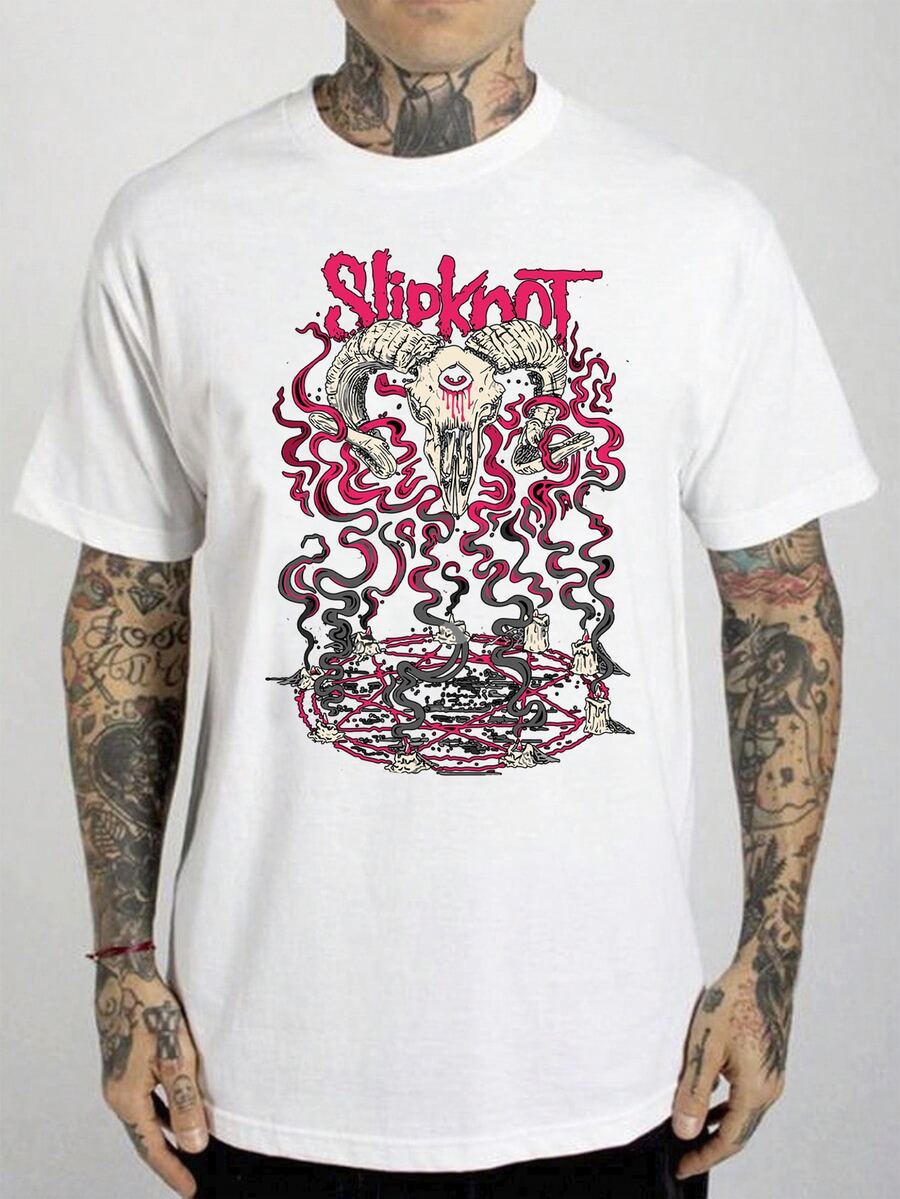 Camiseta Slipknot Rock Internacional Caveira Bode Skull Camisa Blusa Unissex Masculino Feminino 100% Algodão Top Premium Streetwear Lançamento Envio Imediato Varias Cores!! Plus Size - Branco - Visão 1