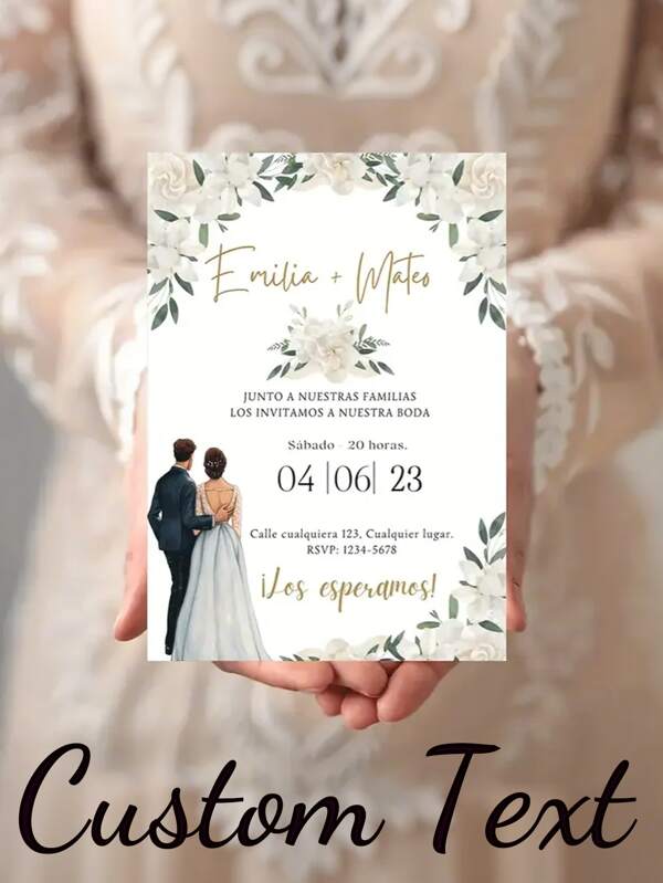 10 piezas/4 piezas/1 pieza Invitaciones de boda personalizables - Diseño floral con rosas blancas y acentos dorados, 10 x 15 cm Invitaciones elegantes y formales para bodas, aniversarios, graduaciones, San Valentín - Imprimible digital (No se incluyen sobres), Tarjetas de invitación de boda