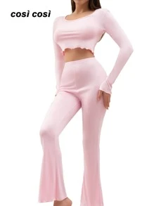 2 pezzi Nuovo set pigiama donna primaverile ed estivo, con top a maniche corte e pantaloni lunghi, in tinta unita elegante, decorato con pizzo floreale, ideale per il tempo libero e la notte