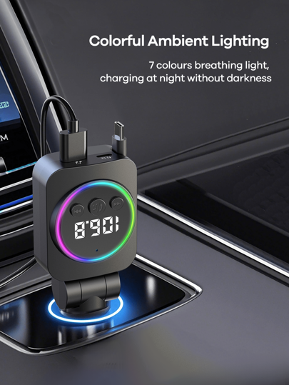 REMAX [Atualizado] Adaptador Bluetooth USB C para carro, com cabo oculto de 2,2 pés, ângulo de rotação de 180° para proteger o cabo, transmissor de rádio FM sem fio AUX, carregador rápido PD de 30 W, receptor de áudio e chamadas viva-voz, reprodutor de música MP3, carregador USB PD QC3.0 e tipo C, retroiluminação LED colorida, acendedor de cigarros de carregamento rápido, acessórios para carro, itens super práticos para carro