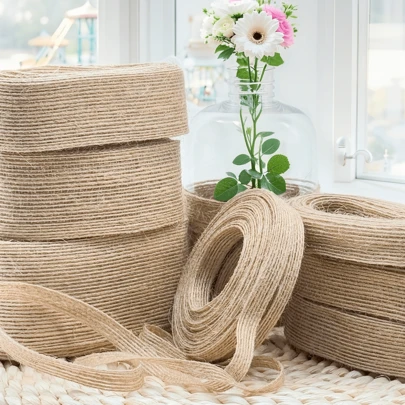 5M/Pack Natural Vintage Jute Burlap Ribbon Crafts DIY Bow Weddings Gift Packing Ideal For Bouquets, Jute Fabric Birthday Party Cake Home Decoration Available In 6 Sizes (10mm-38mm)