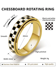 Anello antistress con motivo a scacchi per adulti - Anello girevole in acciaio inossidabile placcato oro 18K, regalo antiansia e antistress per donne/uomini (motivo nero e bianco)
