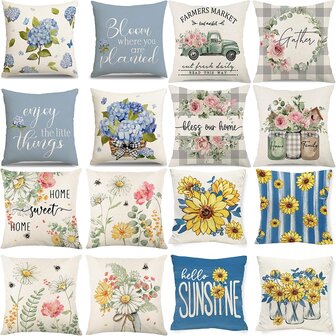 4 Pcs Hydrangea Bee Daisy Flowers Home Sweet Home Pillow Covers,Summer Indoor Outdoor Decor Farmhouse Pillowcase Home Chair Cushion Case For Sofa Couch