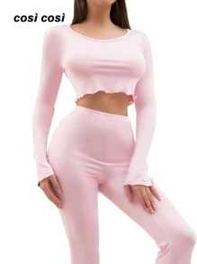 2 pezzi Nuovo set pigiama donna primaverile ed estivo, con top a maniche corte e pantaloni lunghi, in tinta unita elegante, decorato con pizzo floreale, ideale per il tempo libero e la notte