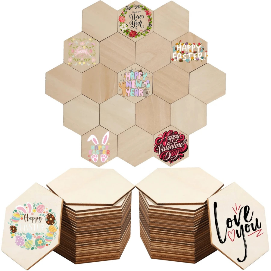 50 Hexagonal Wooden Pieces, Wooden Hexagons, Hexagonal Wood Slices For Crafts, Home Decoration, Wood Burning. Wooden Blank Tags, Wooden DIY Crafts, Painting Supplies. - White - View 1