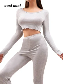 2 pezzi Set pigiama donna, novità primavera ed estate, top a maniche corte e pantaloni lunghi, abbigliamento da casa elegante con inserti in pizzo, colore tinta unita casual