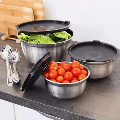 BLOOM STORE - Set Of 3 Stainless Steel Bowls With Tight-Fitting Lids | Multipurpose Mixing Or Salad Bowls | 16 Cm / 20 Cm / 24 Cm