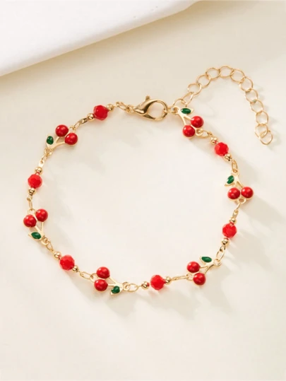 1 件时尚奢华人造宝石小巧可爱红樱桃 [手链内樱桃和红珠的方向是随机的。] 金色金属链女士手链，夏季珠宝，适合女士日常佩戴、购物、约会、派对、送给女朋友的礼物