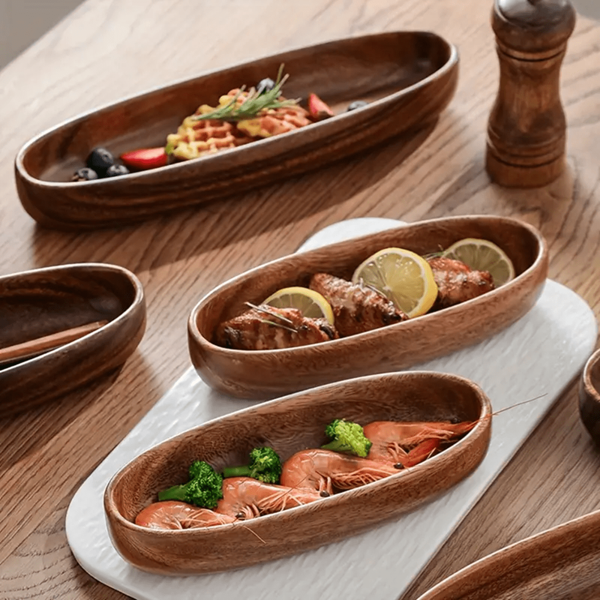 Elegantes ovales Serviertablett aus Akazienholz – mikrowellengeeignet, vielseitig einsetzbar für Salat, Dessert, Obst, Nüsse und Snacks, polierte Oberfläche – ideal als Küchendekoration und Tischdekoration