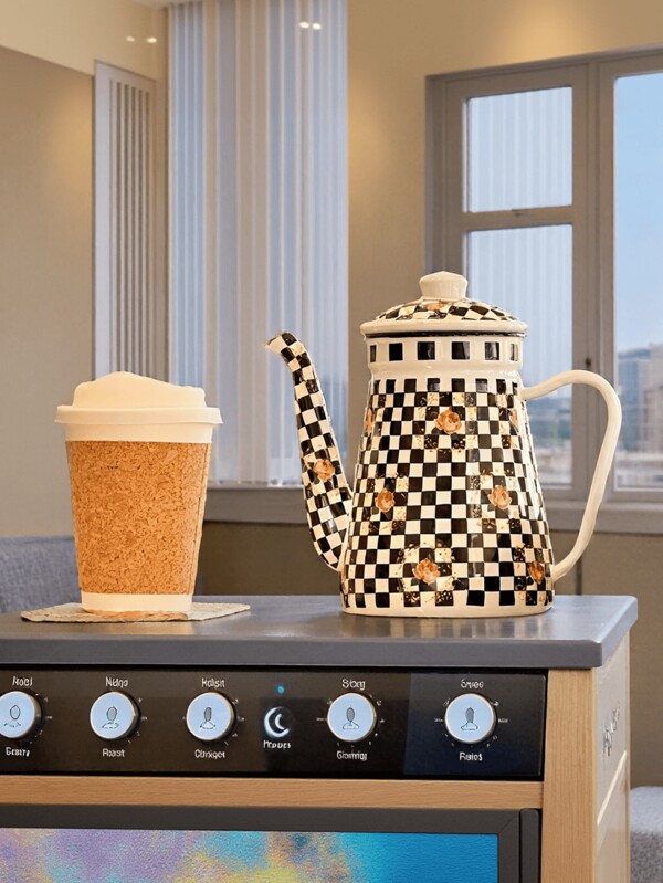 1 Pc Retro Nordic Floral High-Quality Enamel Teapot - Black & White Plaid Floral Design, Cute Red & White Polka Dots, Heat Resistant, Suitable For Coffee, Tea, Juice, Milk Tea And Outdoor Use - Ideal For Camping, Picnics, Family Gatherings And Holidays, Holiday Drinkware | Vintage Kitchenware | Durable Design, Portable Teapot