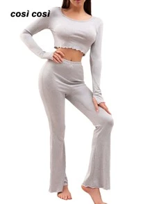2 pezzi Set pigiama donna, novità primavera ed estate, top a maniche corte e pantaloni lunghi, abbigliamento da casa elegante con inserti in pizzo, colore tinta unita casual