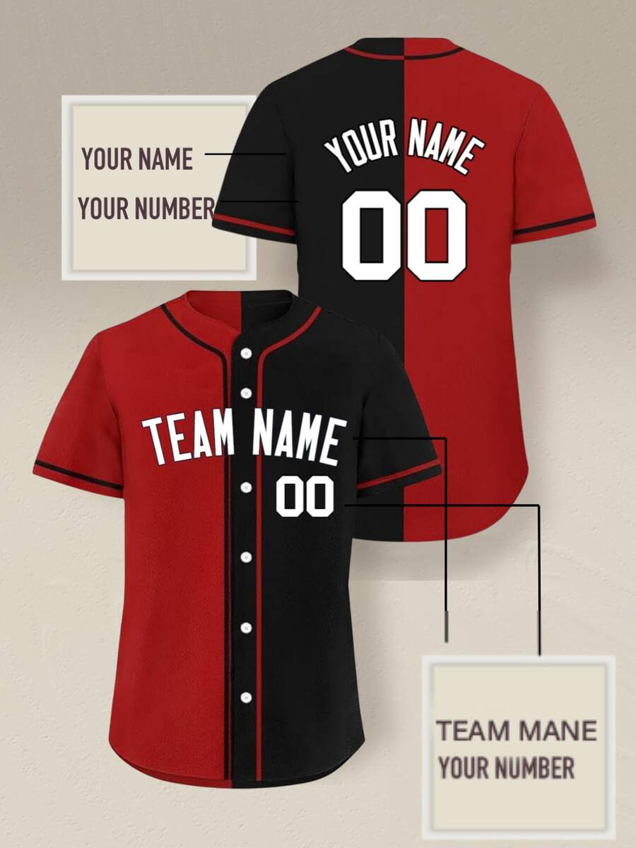 定制分体棒球服纽扣领印制个性化姓名号码衬衫运动服男女青少年男孩红黑色