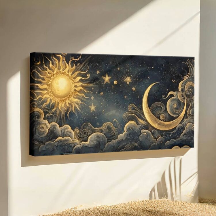 1pc Wrapped Frame Canvas Wall Art Gothic Nature Horizontal Black And White Gold Print Sun And Moon Vintage Canvas Classic Oil Painting Art Home Decor For Living Room, Bedroom, Office - Khung bọc - Xem 3