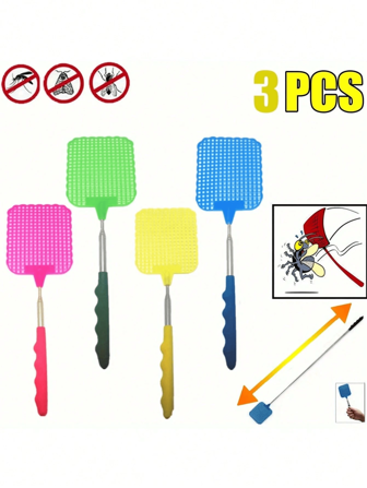 1/3pcs Random Color Retractable Fly Swatter, Manual Insect Repellent, Durable Plastic, Anti Slip Grip, Adjustable Long Handle Fly Swatter, Suitable For Indoor And Outdoor Use, Summer Mosquito Swatter, Household Daily Fly Killer, Summer Essential Item, No Need For Electricity