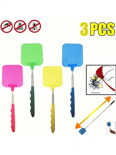 1/3pcs Random Color Retractable Fly Swatter, Manual Insect Repellent, Durable Plastic, Anti Slip Grip, Adjustable Long Handle Fly Swatter, Suitable For Indoor And Outdoor Use, Summer Mosquito Swatter, Household Daily Fly Killer, Summer Essential Item, No Need For Electricity