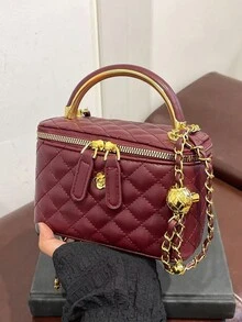 New Autumn/Winter Fashion Classic Versatile Solid Color Quilted Square  Bag,  Metal Buckle Decor Shoulder Bag - Burgundy - View 3