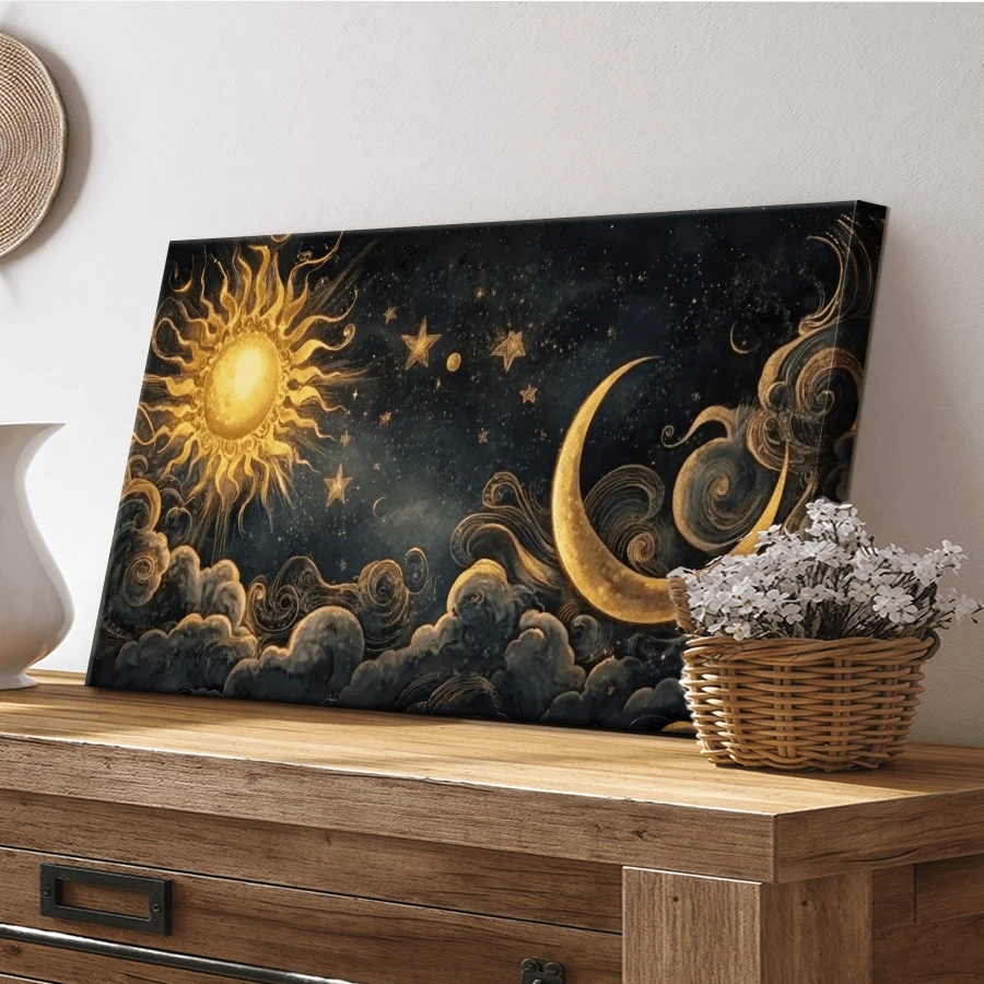 1pc Wrapped Frame Canvas Wall Art Gothic Nature Horizontal Black And White Gold Print Sun And Moon Vintage Canvas Classic Oil Painting Art Home Decor For Living Room, Bedroom, Office - Khung bọc - Xem 1
