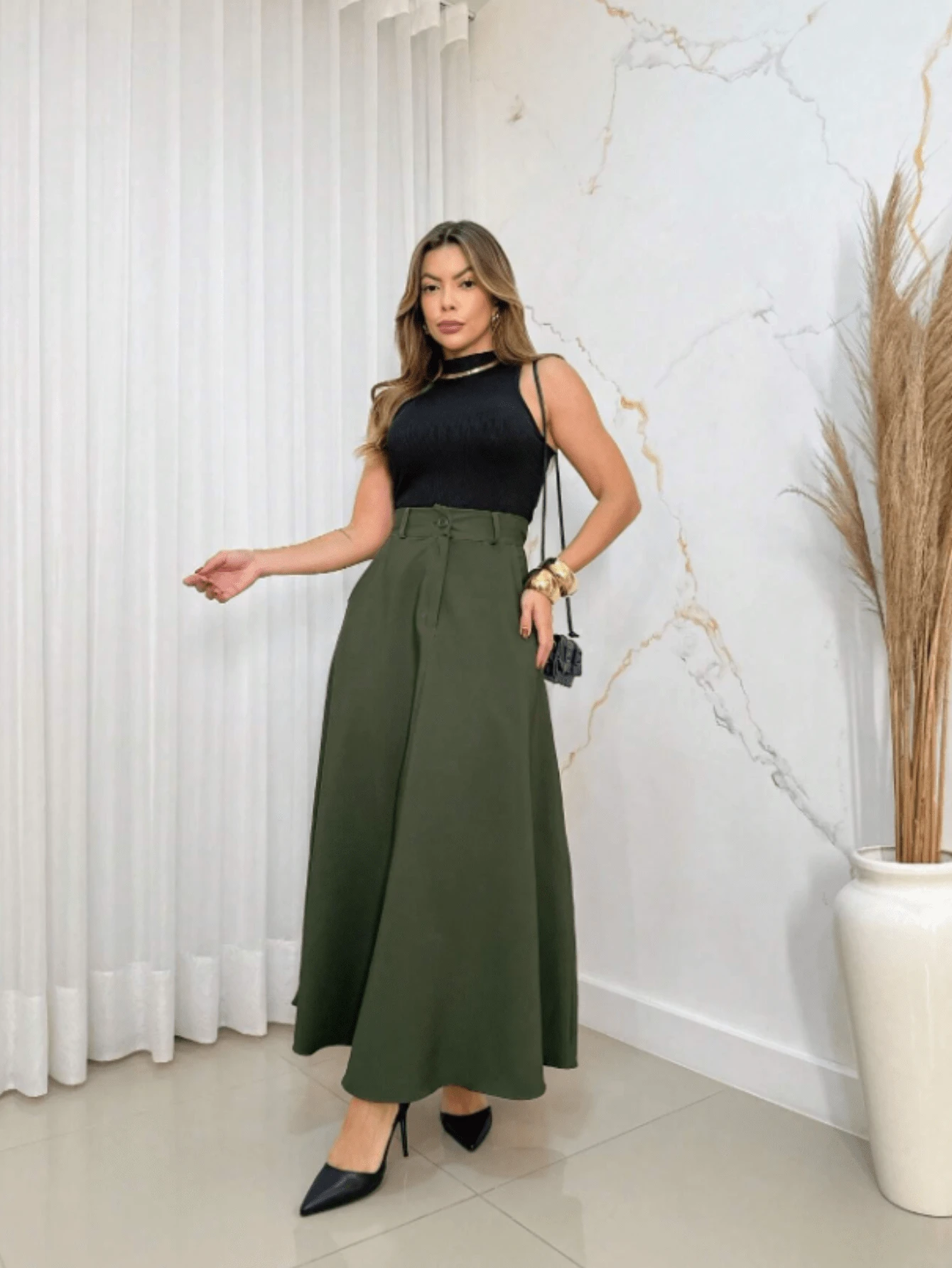 Elegant Tailored Long Skirt - xanh quân đội - Xem 1