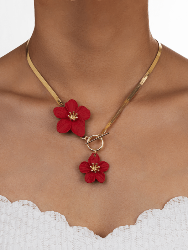 1 Stück Damen Halskette Anhänger mit einfachem elegantem rot bemaltem Blumenmuster, geeignet für Urlaub und Partys