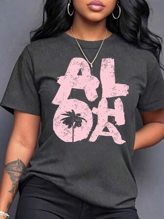 女装夏季新款简约椰子树沙滩印花字母标语印花休闲度假风宽松百搭圆领灰色短袖T恤时尚日常上衣适合日常度假穿着