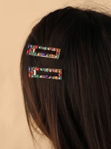 2pcs Elegant Rhinestone Waterdrop & Square Shaped Alligator Hair Clip Hairpins For Girls Claw Clips Hair Claws Hair Barrettes, School Stuff, Looks Of Party, Hair Accessories, Head Accessories - Multicolor - View 4
