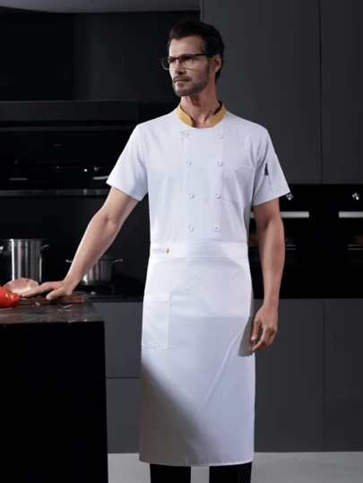 מדי שף בהתאמה אישית חדשים לשני המינים, שרוולים קצרים, קלאסיים, לבנים עם צווארון מנוגד, אוורור רשת בגב, יוקרתי למלונות, מסעדות מערביות, מאפייה, בית קפה, חנות פרחים, ברביקיו, מזון מהיר, עיצוב מותאם אישית, כיסים פרקטיים, בד נושם ועמיד