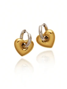 2pcs Stainless Steel Waterproof & Fade Resistant Vintage Gold & Silver Heart Shaped Hoop Earrings, Suitable For Women's Daily Wear