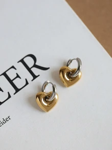2pcs Stainless Steel Waterproof & Fade Resistant Vintage Gold & Silver Heart Shaped Hoop Earrings, Suitable For Women's Daily Wear