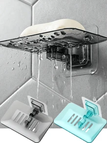1pc Punch-Free Adhesive Soap Holder With Slotted Drain, Wall Mount Soap Case For Bathroom Sink And Shower, Efficient Water Draining Soap Bar Tray, Easy To Attach Strong Suction Soap Dish, Contemporary Design Soap Organizer, Durable And Practical Bathroom Accessory. Back To School
